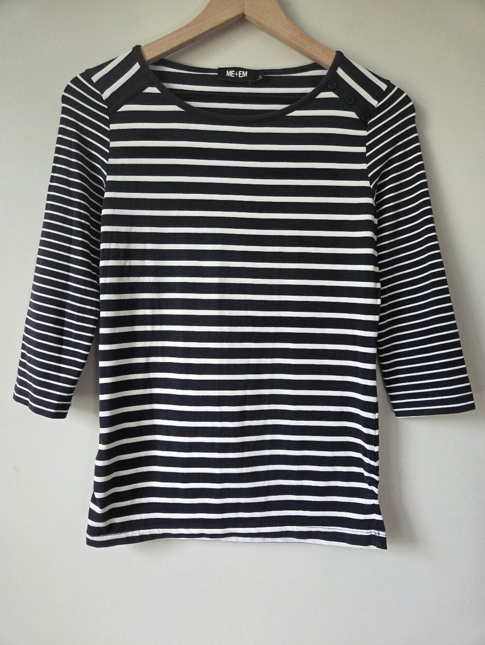 ME+EM Navy White Stripe Button Shoulder 3/4 Sleeve Top Womens Size 10 - Picture 2 of 7